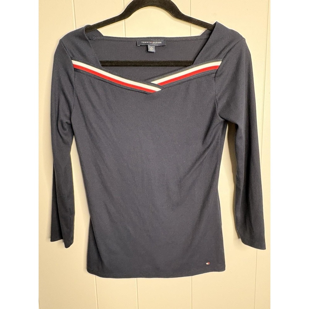 Tommy Hilfiger Sport Women's Navy Varsity-Stripe Cropped Top Sz XS Y2K VINTAGE
